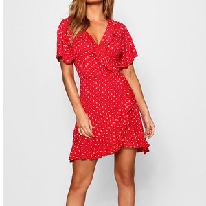 Red polka dot wrap dress
